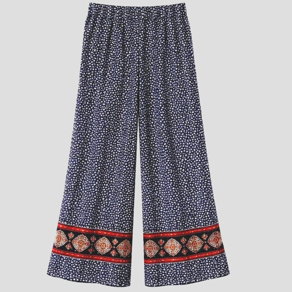 Maurices Blue White Boho Boarder Elastic Waist Flowy Lightweight Palazzo Pants